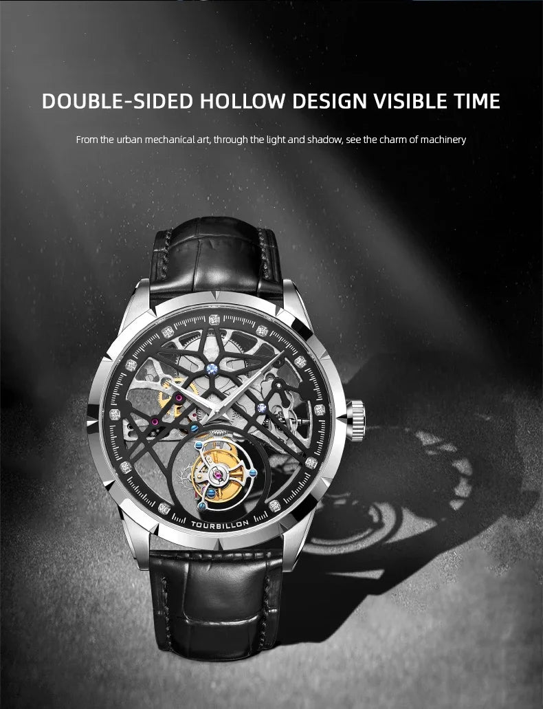 SEAKOSS Chinese Flying Tourbillon Men's Mechanical Wristwatches Thin Watch Male Hollow Skeleton for Luxury Sapphire Clock