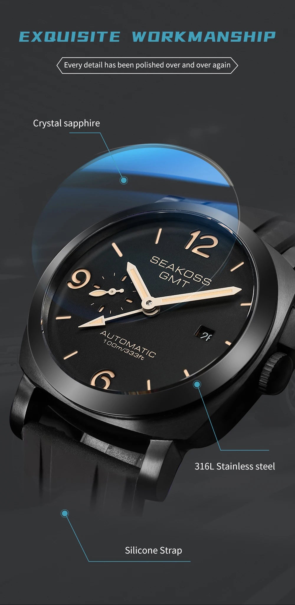 SEAKOSS 100m Diving Men GMT Automatic Mechanical Watches 1963 Clock Original Dual Time Zone Super Luminous Sapphire Wristwatches