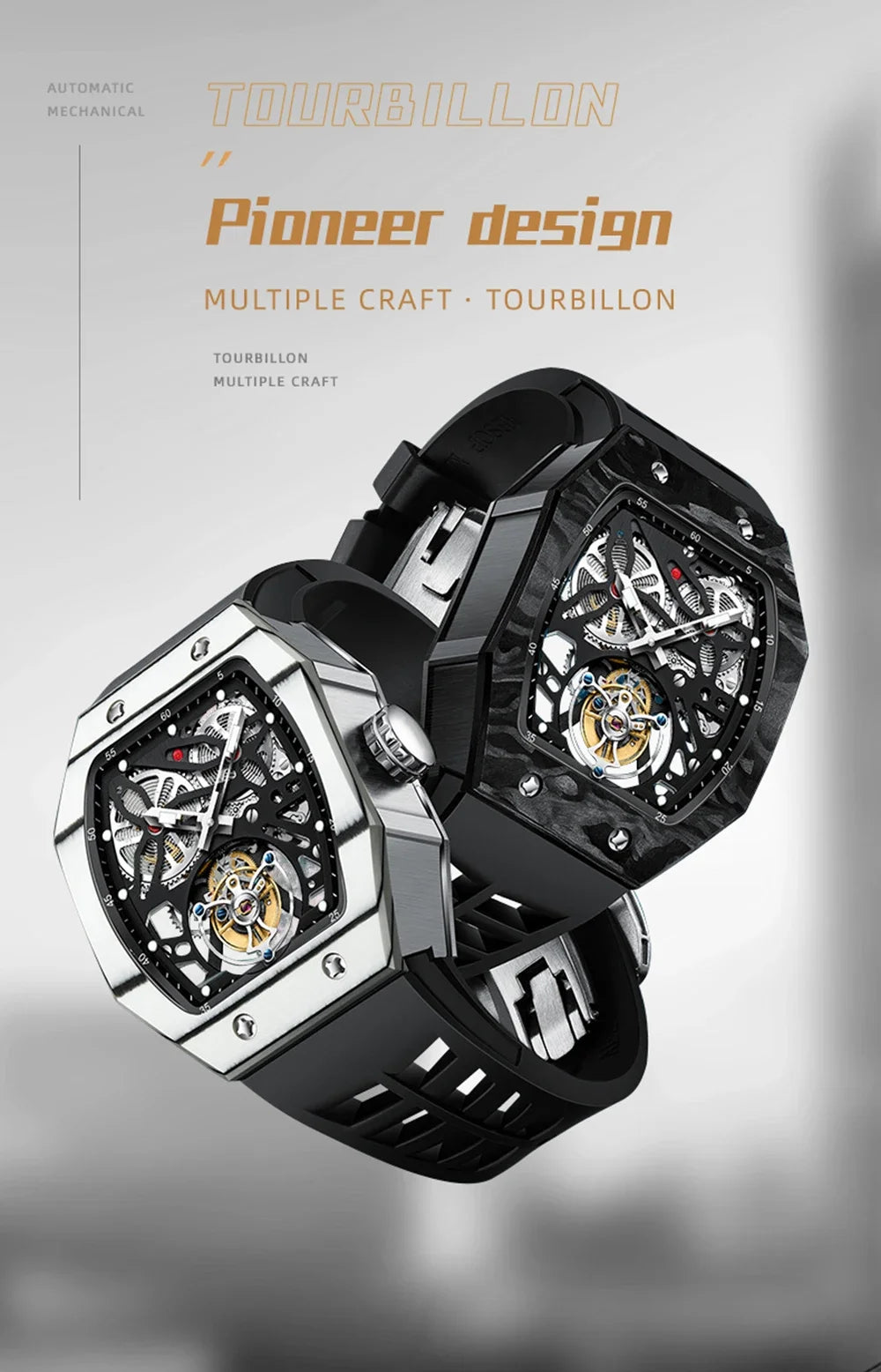 SEAKOSS Famous Style Square Flying Tourbillon Watch Carbon Fiber Bezel Mechanical Men Watch Top Quality Skeleton Male Clock Man