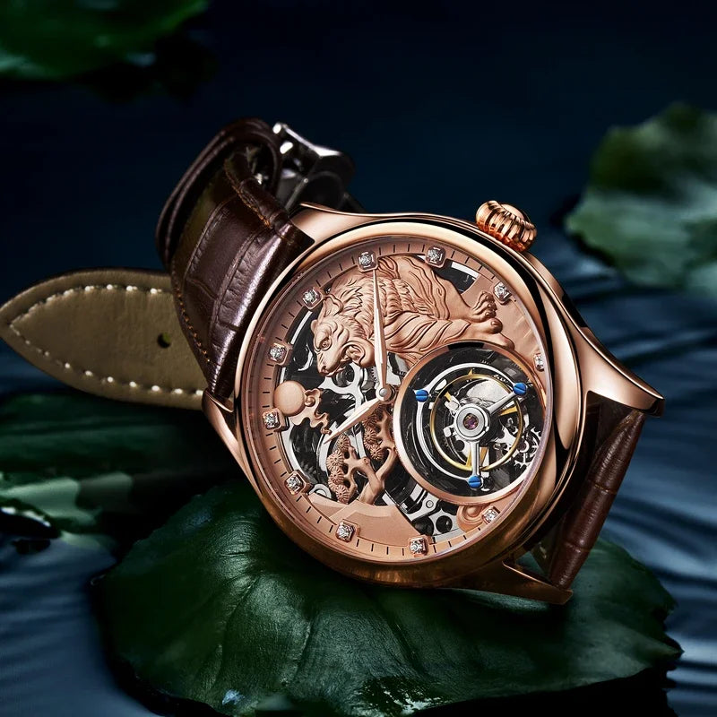 SEAKOSS Zodiac Tiger Super Skeleton Real Tourbillon Watch Men Luxury Sapphire Glass Men's Hand Wind Mechanical Watches Leather