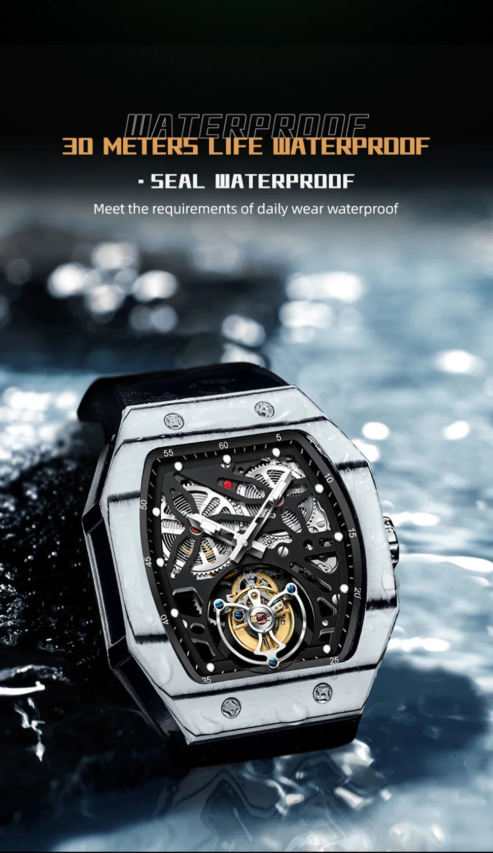 SEAKOSS Famous Style Square Flying Tourbillon Watch Carbon Fiber Bezel Mechanical Men Watch Top Quality Skeleton Male Clock Man