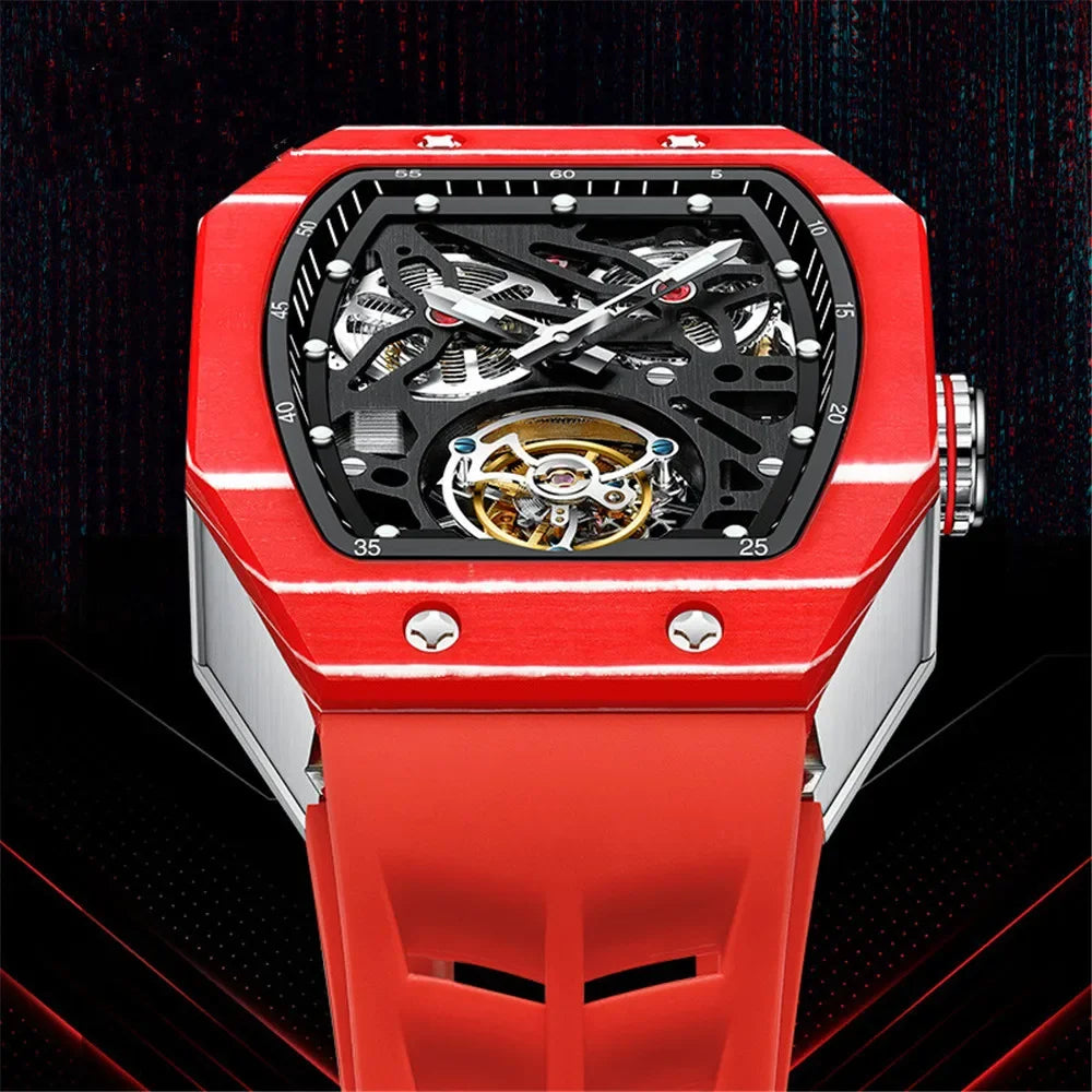 SEAKOSS Famous Style Square Flying Tourbillon Watch Carbon Fiber Bezel Mechanical Men Watch Top Quality Skeleton Male Clock Man