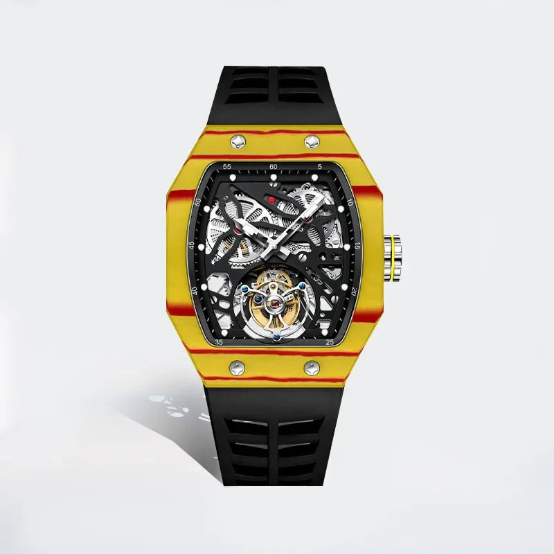 SEAKOSS Famous Style Square Flying Tourbillon Watch Carbon Fiber Bezel Mechanical Men Watch Top Quality Skeleton Male Clock Man
