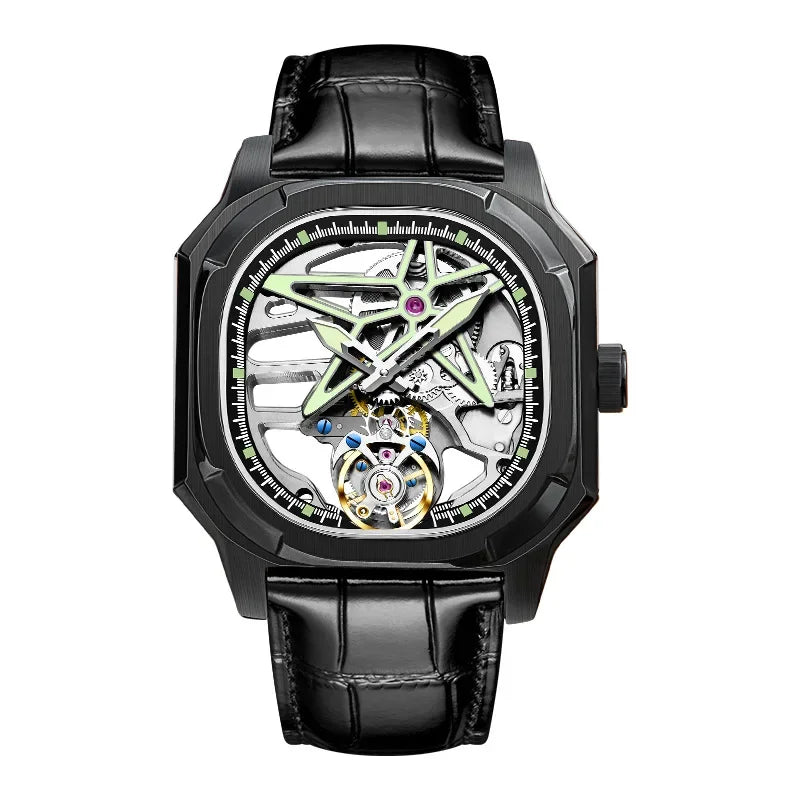 SEAKOSS Super Punk Skeleton Tourbillon Watches Men Octagon Square Manual Winding Sapphire 1963 Mechanical Watches 7052G Luminous