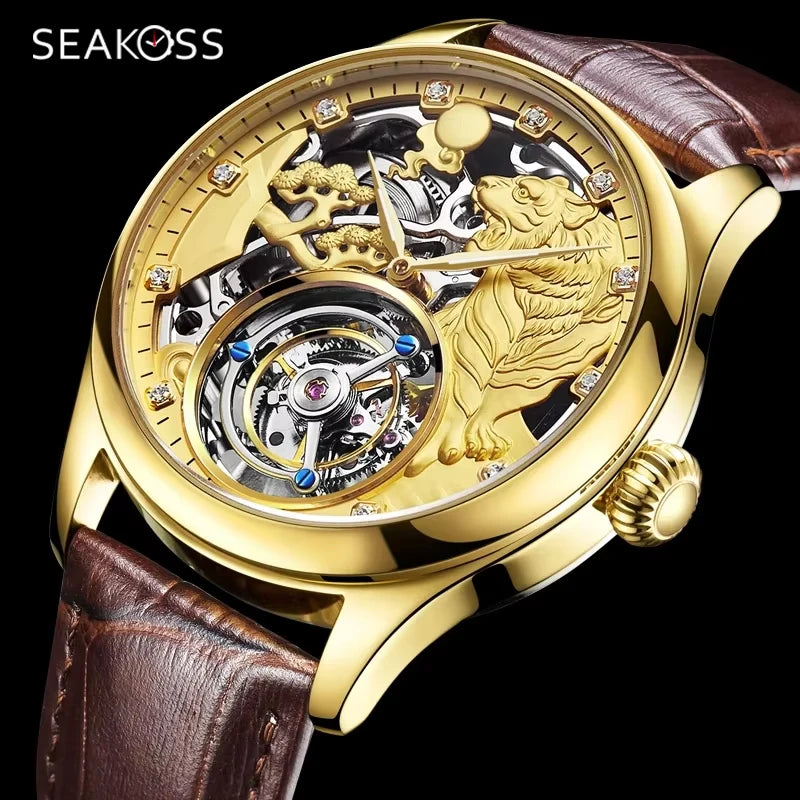 SEAKOSS Zodiac Tiger Super Skeleton Real Tourbillon Watch Men Luxury Sapphire Glass Men's Hand Wind Mechanical Watches Leather
