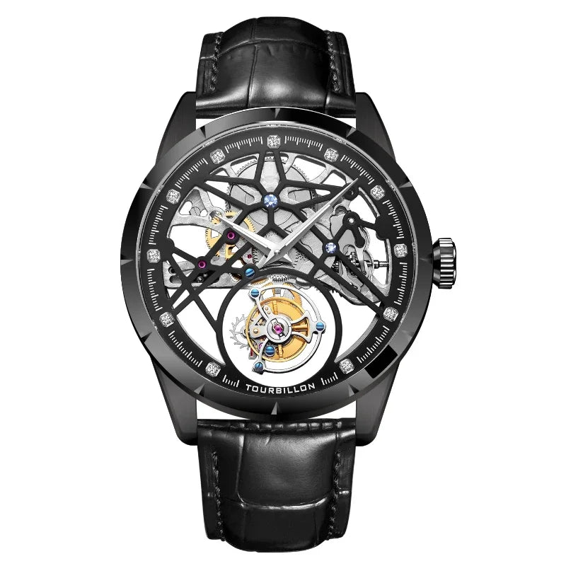 SEAKOSS Chinese Flying Tourbillon Men's Mechanical Wristwatches Thin Watch Male Hollow Skeleton for Luxury Sapphire Clock