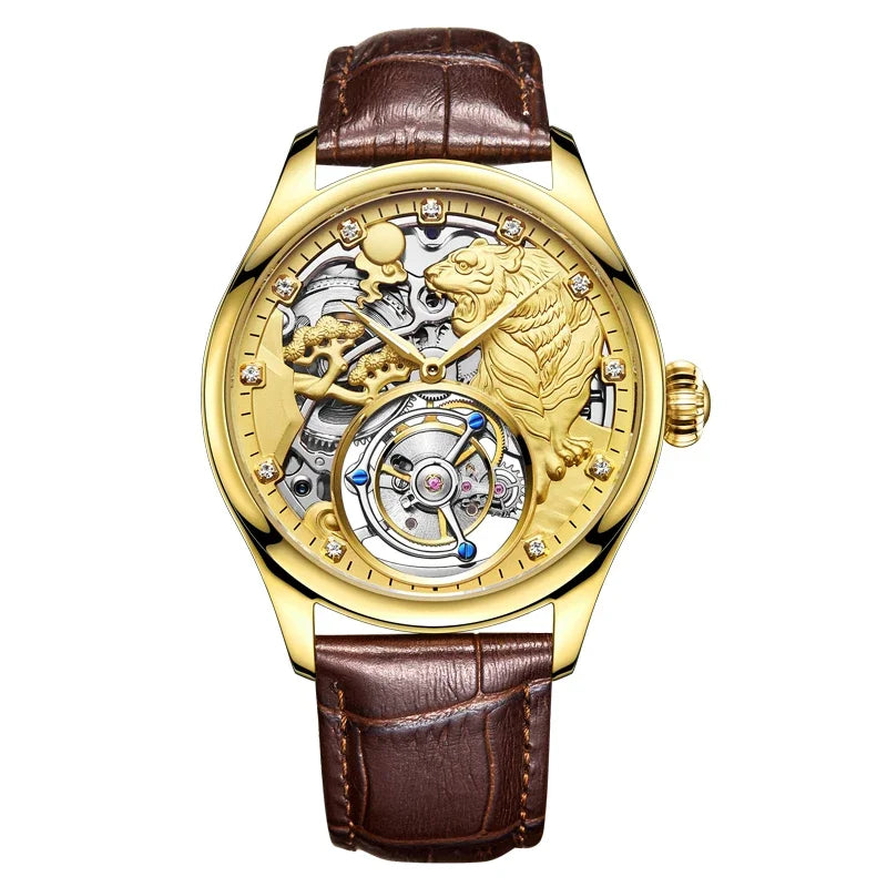 SEAKOSS Zodiac Tiger Super Skeleton Real Tourbillon Watch Men Luxury Sapphire Glass Men's Hand Wind Mechanical Watches Leather