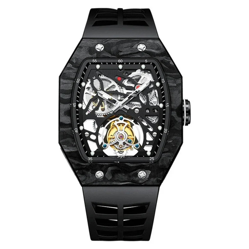 SEAKOSS Famous Style Square Flying Tourbillon Watch Carbon Fiber Bezel Mechanical Men Watch Top Quality Skeleton Male Clock Man