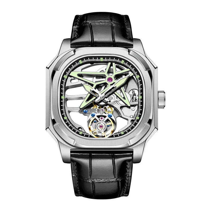 SEAKOSS Super Punk Skeleton Tourbillon Watches Men Octagon Square Manual Winding Sapphire 1963 Mechanical Watches 7052G Luminous