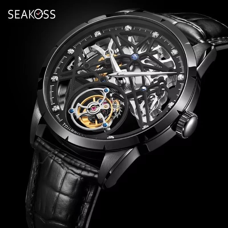 SEAKOSS Chinese Flying Tourbillon Men's Mechanical Wristwatches Thin Watch Male Hollow Skeleton for Luxury Sapphire Clock